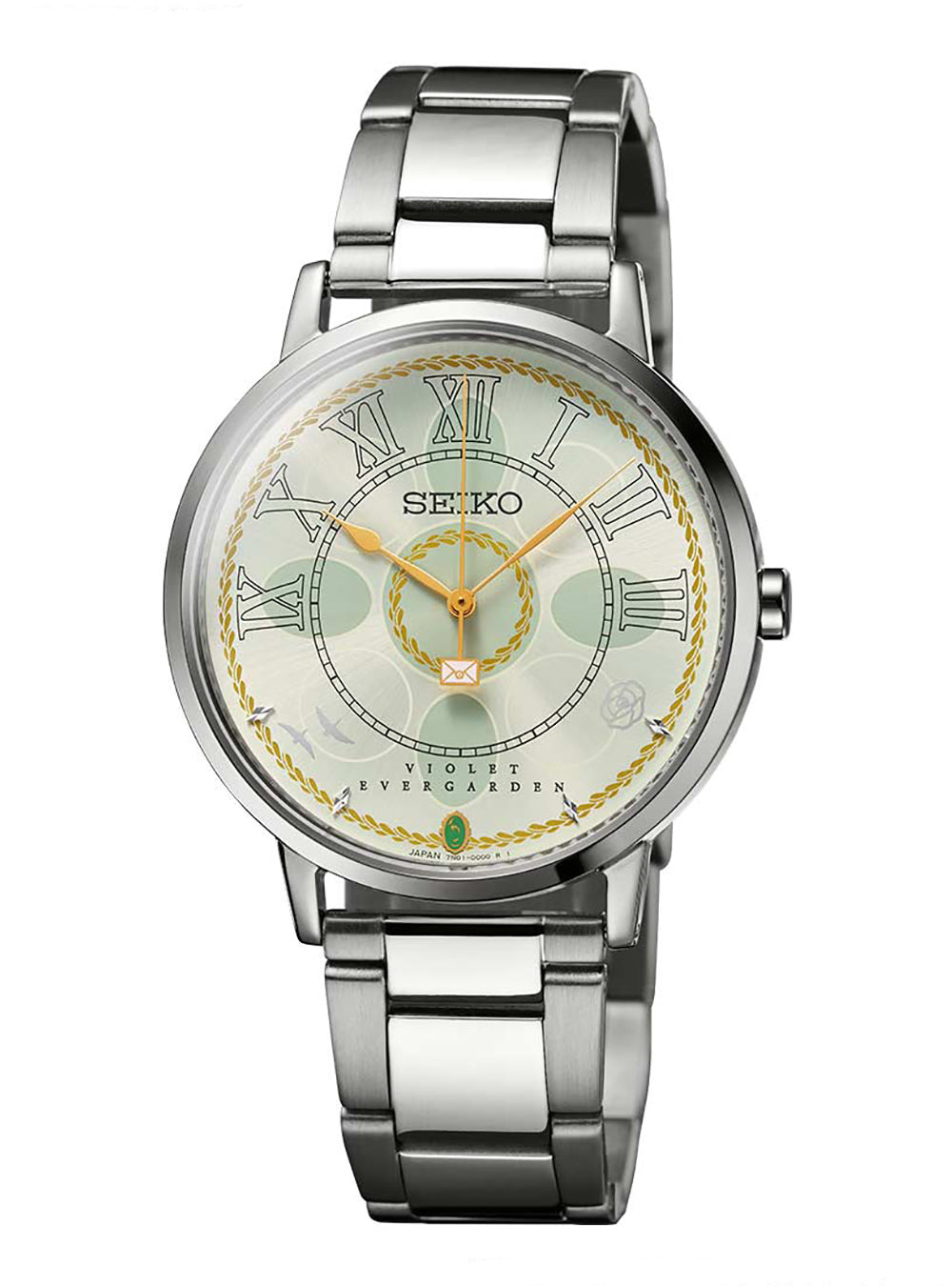 A Seiko women's watch featuring a silver stainless steel link bracelet, a round silver case, and a unique dial with a cream background, Roman numeral hour markers, gold hands, and a decorative gold rope border.