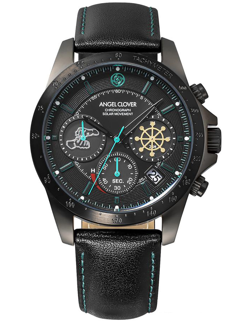 A black chronograph wristwatch with a black leather strap, featuring a dark gunmetal case, a black dial with turquoise and gold accents, and a white Angel Clover brand logo.