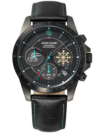A black chronograph wristwatch with a black leather strap, featuring a dark gunmetal case, a black dial with turquoise and gold accents, and a white Angel Clover brand logo.