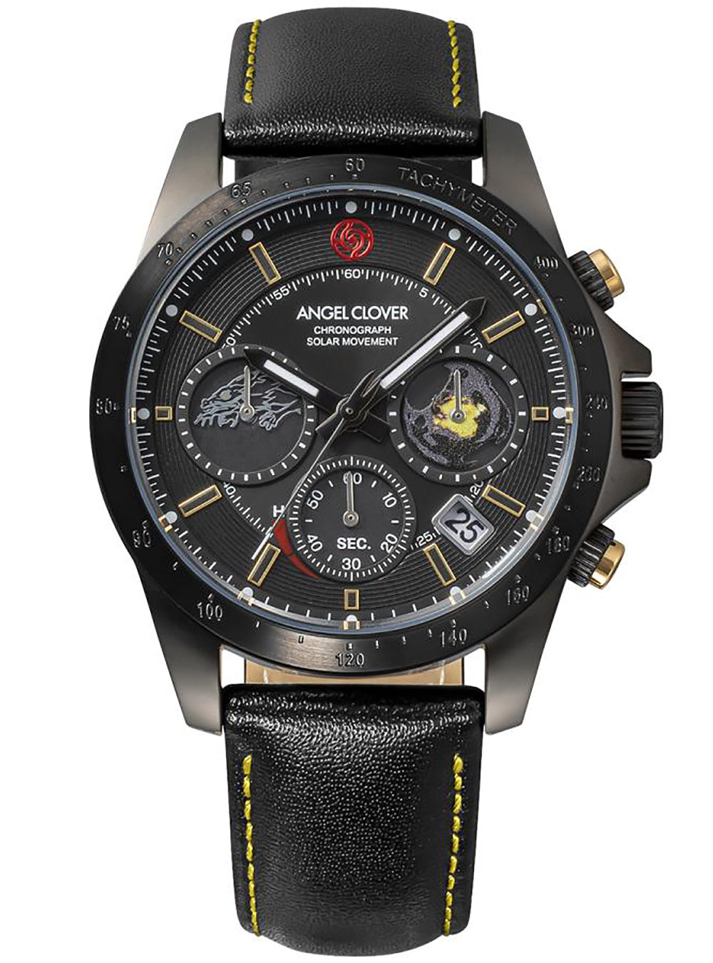 A men's Angel Clover chronograph watch with a black leather strap, black dial, and gunmetal gray case. The strap features yellow stitching, and the dial includes gold-tone accents, a date window, and a small open-heart display.