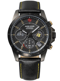 A men's Angel Clover chronograph watch with a black leather strap, black dial, and gunmetal gray case. The strap features yellow stitching, and the dial includes gold-tone accents, a date window, and a small open-heart display.