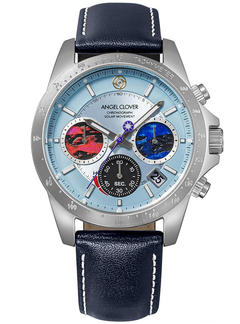 A silver-tone stainless steel chronograph watch by Angel Clover, featuring a light blue dial with black, red, and blue sub-dials, a black bezel, and a dark blue leather strap with white stitching.