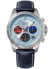A silver-tone stainless steel chronograph watch by Angel Clover, featuring a light blue dial with black, red, and blue sub-dials, a black bezel, and a dark blue leather strap with white stitching.