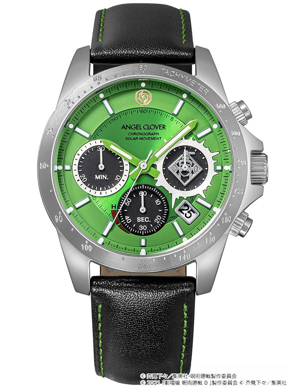 A close-up studio shot of an Angel Clover chronograph watch with a vibrant green dial, silver-tone stainless steel case, and a black leather strap with green stitching.