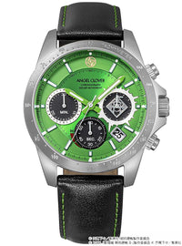 A close-up studio shot of an Angel Clover chronograph watch with a vibrant green dial, silver-tone stainless steel case, and a black leather strap with green stitching.