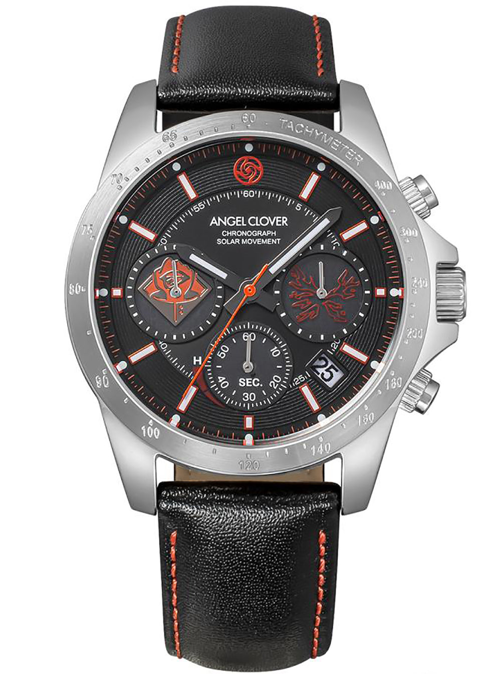 A silver-tone stainless steel chronograph watch with a black dial, black leather strap with orange stitching, and orange accents on the bezel, subdials, and hands. The brand name 'Angel Clover' is visible on the dial.