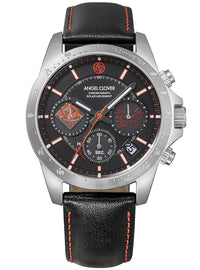 A silver-tone stainless steel chronograph watch with a black dial, black leather strap with orange stitching, and orange accents on the bezel, subdials, and hands. The brand name 'Angel Clover' is visible on the dial.