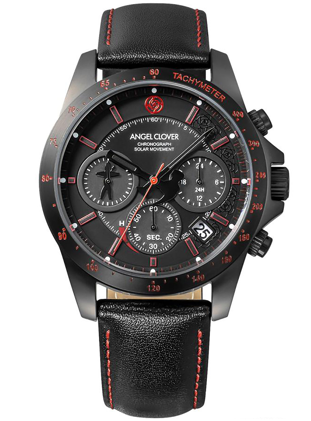 A black chronograph wristwatch with a textured black leather strap featuring red stitching, a black dial with red accents, and a black bezel with red markings. The brand name 'Angel Clover' is visible on the dial.