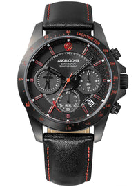 A black chronograph wristwatch with a textured black leather strap featuring red stitching, a black dial with red accents, and a black bezel with red markings. The brand name 'Angel Clover' is visible on the dial.