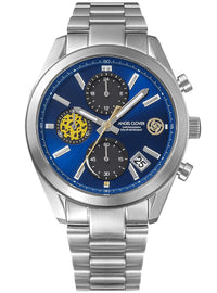 A silver stainless steel wrist watch with a vibrant blue dial, featuring three sub-dials (two black, one yellow-and-black patterned), silver-tone hour markers, and a matching steel link bracelet.