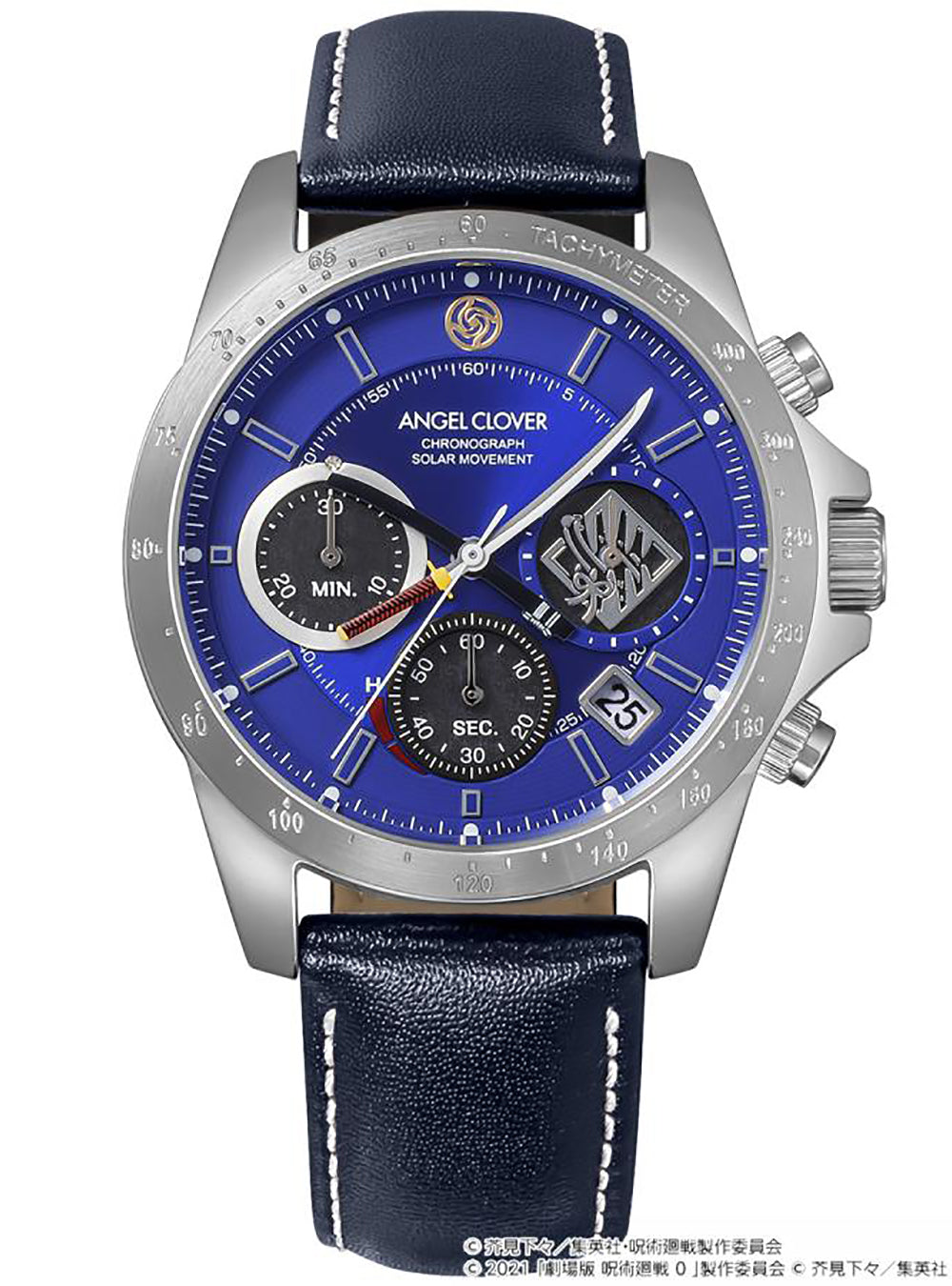 A silver-tone stainless steel chronograph watch by Angel Clover, featuring a vibrant blue dial with black subdials, white markings, and a dark blue leather strap with white contrast stitching.
