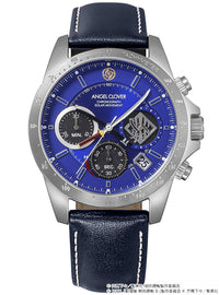 A silver-tone stainless steel chronograph watch by Angel Clover, featuring a vibrant blue dial with black subdials, white markings, and a dark blue leather strap with white contrast stitching.