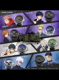 A promotional collage for Jujutsu Kaisen 5th Anniversary wristwatches by Angel Clover, featuring multiple character designs and watch faces on a purple, black, and blue background.