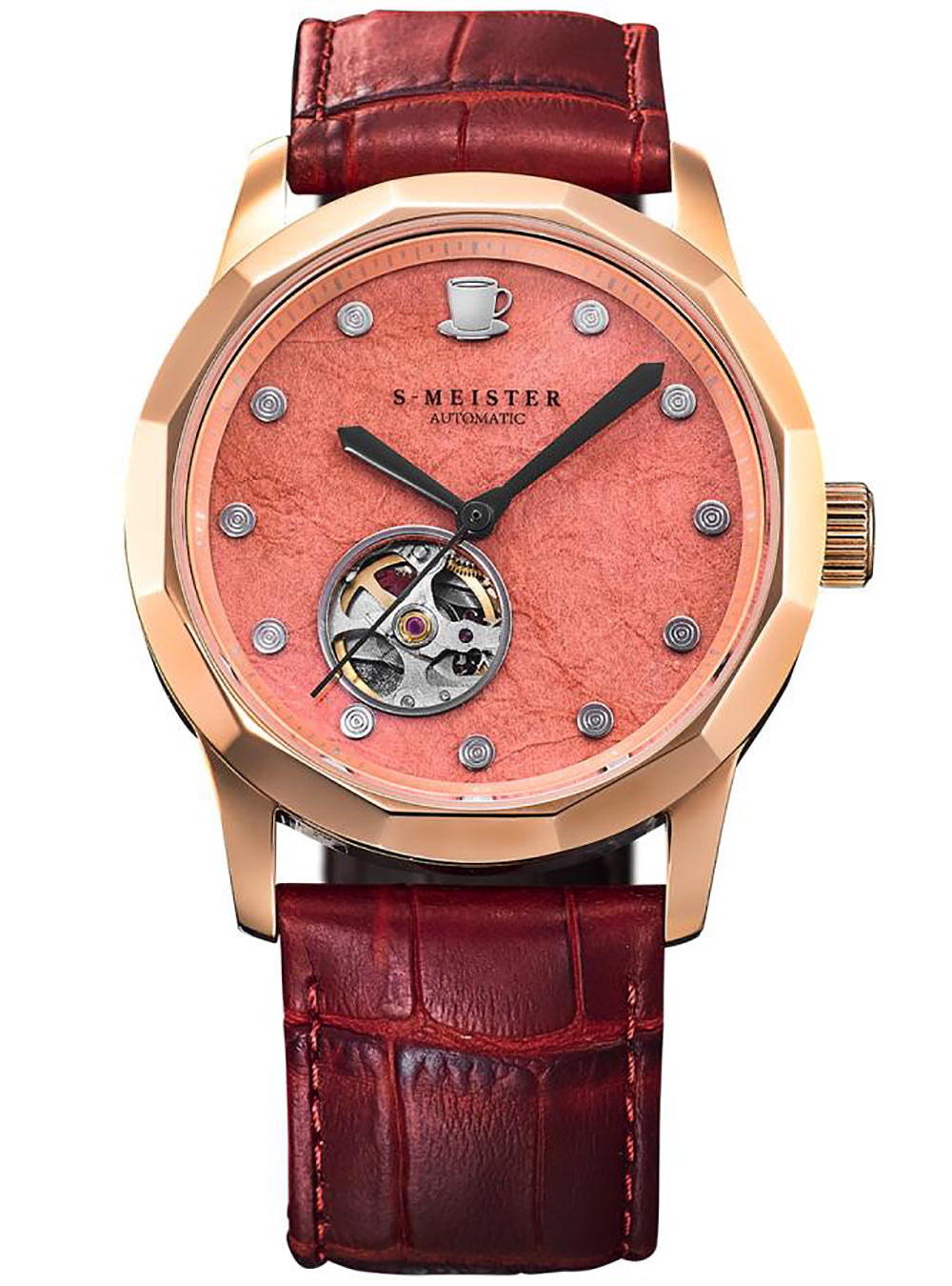 S. Meister Automatic watch with a rose gold case, textured coral pink dial, and a dark red leather strap, shown on a white background.
