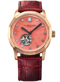 S. Meister Automatic watch with a rose gold case, textured coral pink dial, and a dark red leather strap, shown on a white background.