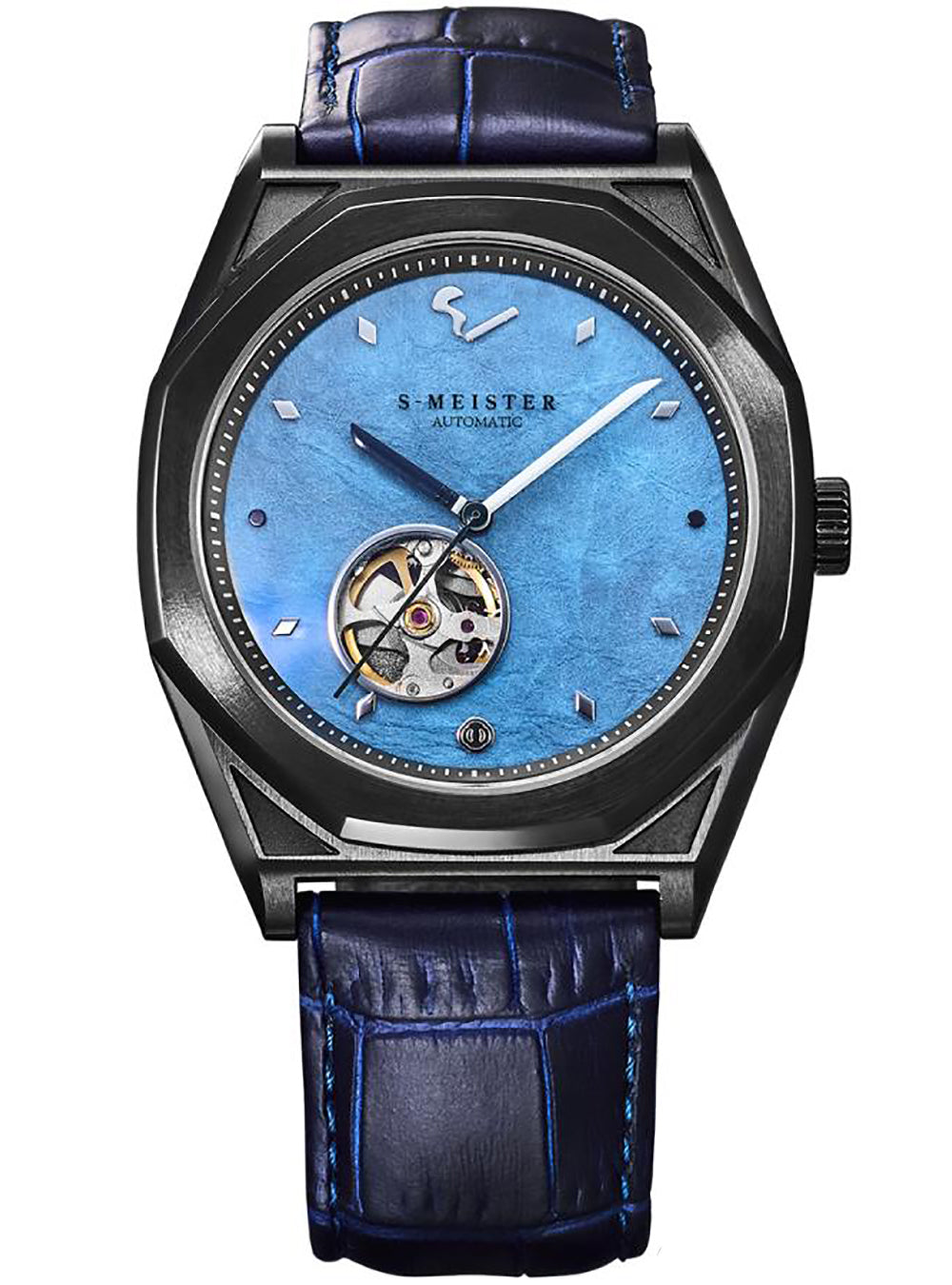 S. Meister Automatic watch featuring a black octagonal case, a vibrant blue dial with a visible mechanical movement through a cutout, and a dark blue alligator leather strap.