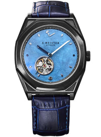 S. Meister Automatic watch featuring a black octagonal case, a vibrant blue dial with a visible mechanical movement through a cutout, and a dark blue alligator leather strap.