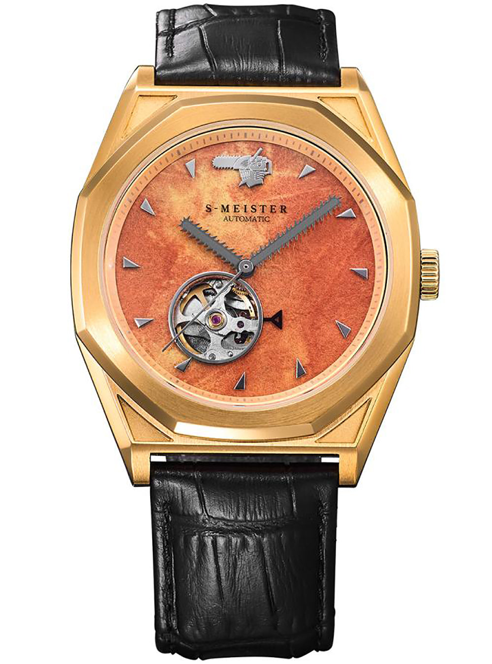 S. Meister Automatic watch with a gold-tone octagonal case, a textured orange dial featuring a visible automatic movement, and a black alligator leather strap.