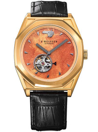 S. Meister Automatic watch with a gold-tone octagonal case, a textured orange dial featuring a visible automatic movement, and a black alligator leather strap.