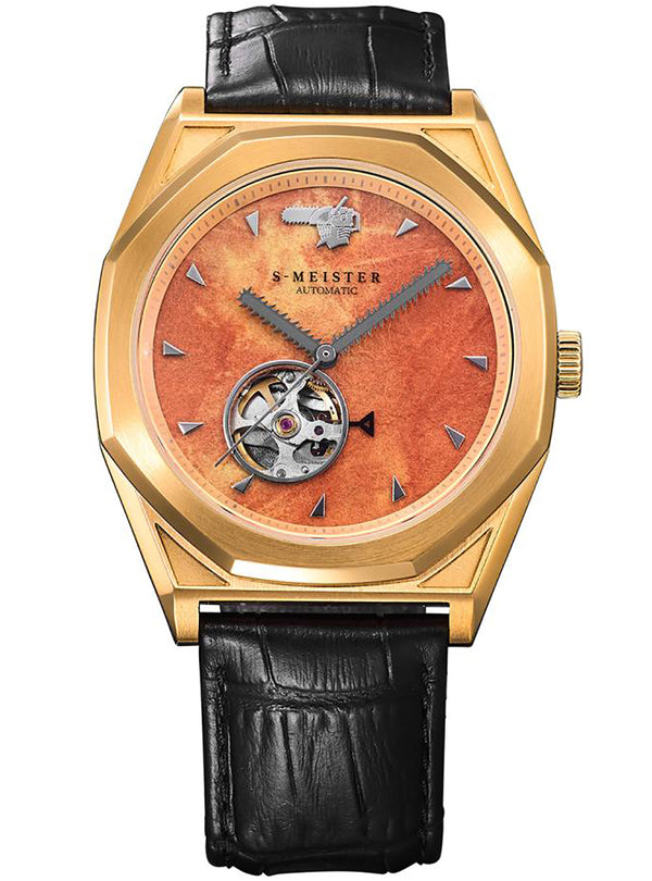 S. Meister Automatic watch with a gold-tone octagonal case, a textured orange dial featuring a visible automatic movement, and a black alligator leather strap.