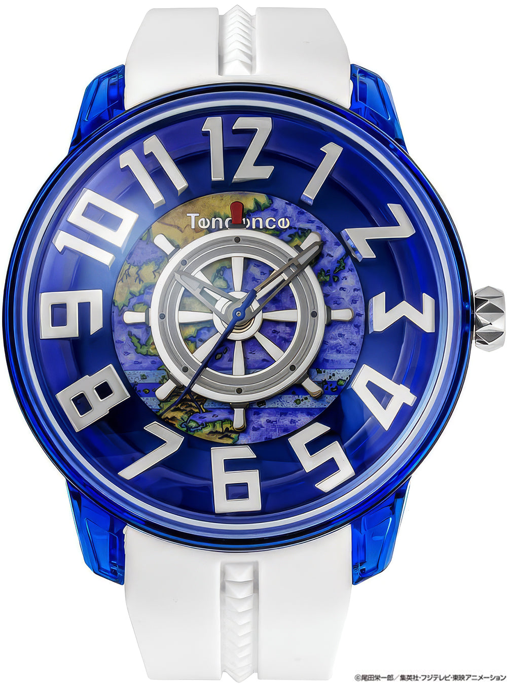 A Tonsor no. 00 wristwatch with a translucent blue and white bezel, a white silicone strap, and a blue dial featuring large white numerals and a ship's wheel motif.