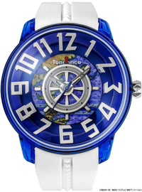 A Tonsor no. 00 wristwatch with a translucent blue and white bezel, a white silicone strap, and a blue dial featuring large white numerals and a ship's wheel motif.