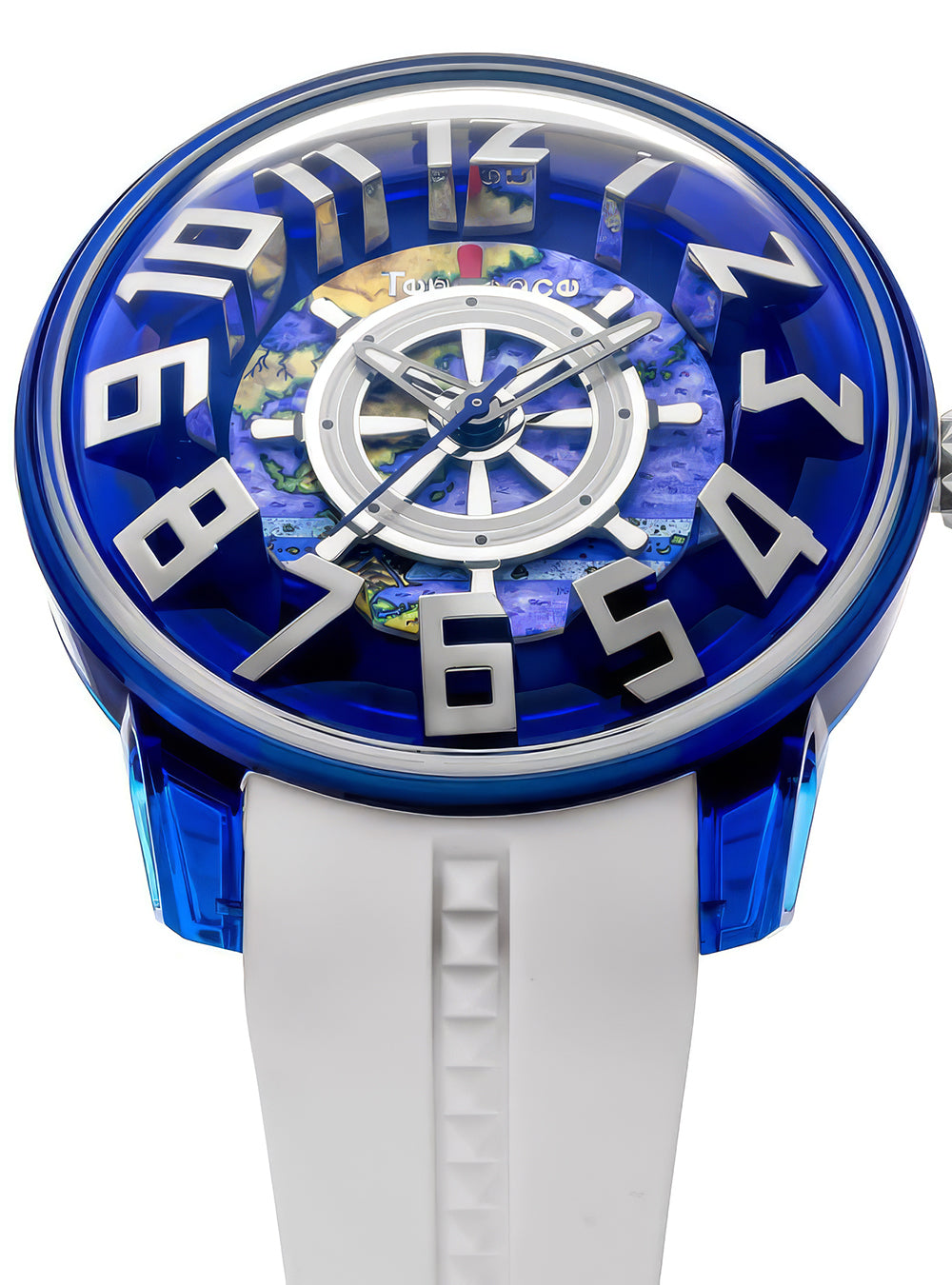 A wristwatch with a translucent blue case, large white Arabic numerals, a blue and purple globe-pattern dial, and a white strap on a plain white background.