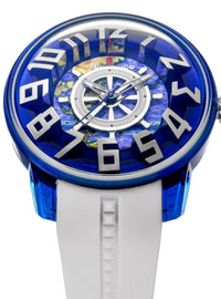A wristwatch with a translucent blue case, large white Arabic numerals, a blue and purple globe-pattern dial, and a white strap on a plain white background.