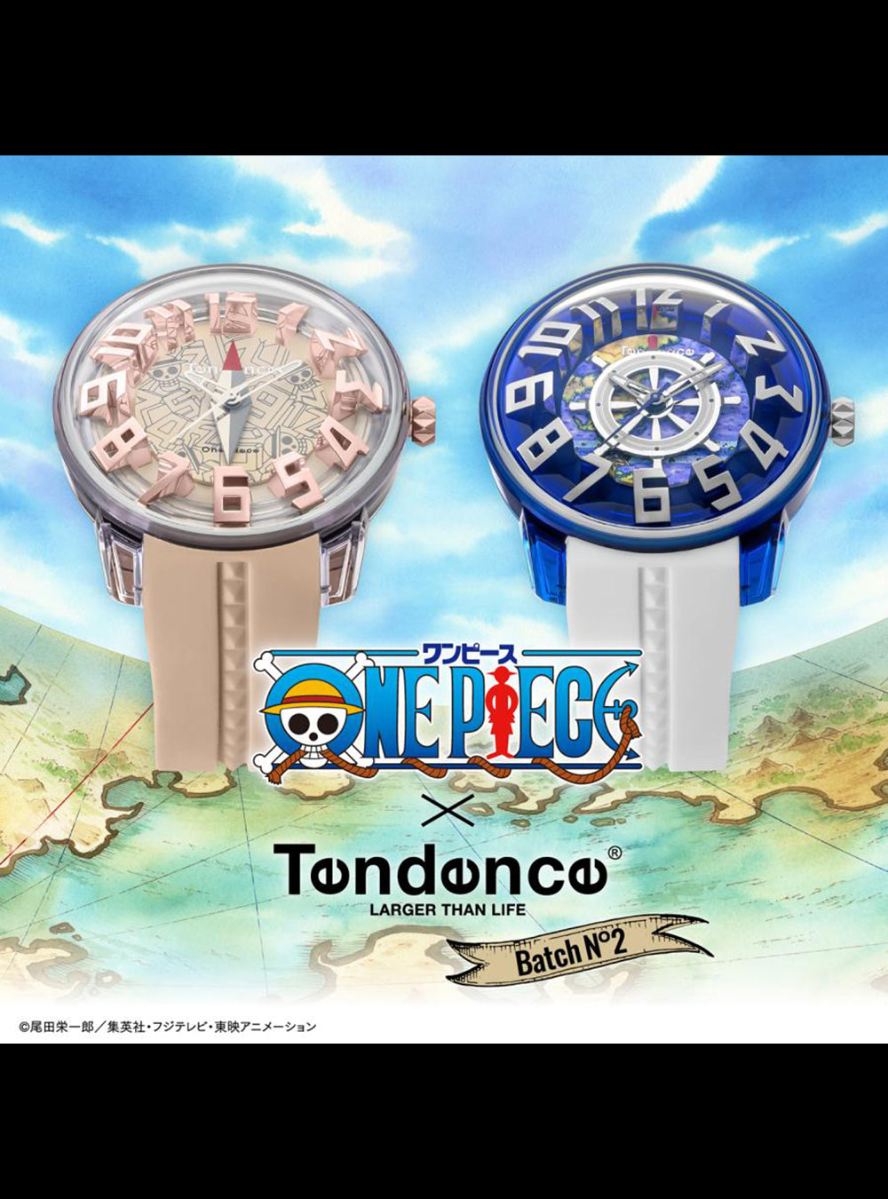 Two One Piece x Tondonco wristwatches displayed side by side against a blue sky and map background. The left watch has a beige strap and a rose-gold-toned dial with white numerals.