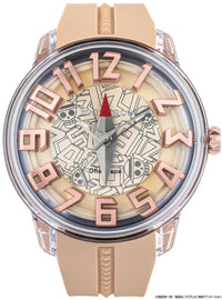A One Piece themed wristwatch featuring a beige silicone strap, a rose gold case, and a detailed dial with skull motifs and the One Piece logo.