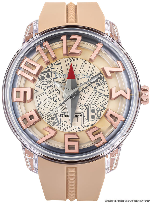 A One Piece themed wristwatch featuring a beige silicone strap, a rose gold case, and a detailed dial with skull motifs and the One Piece logo.