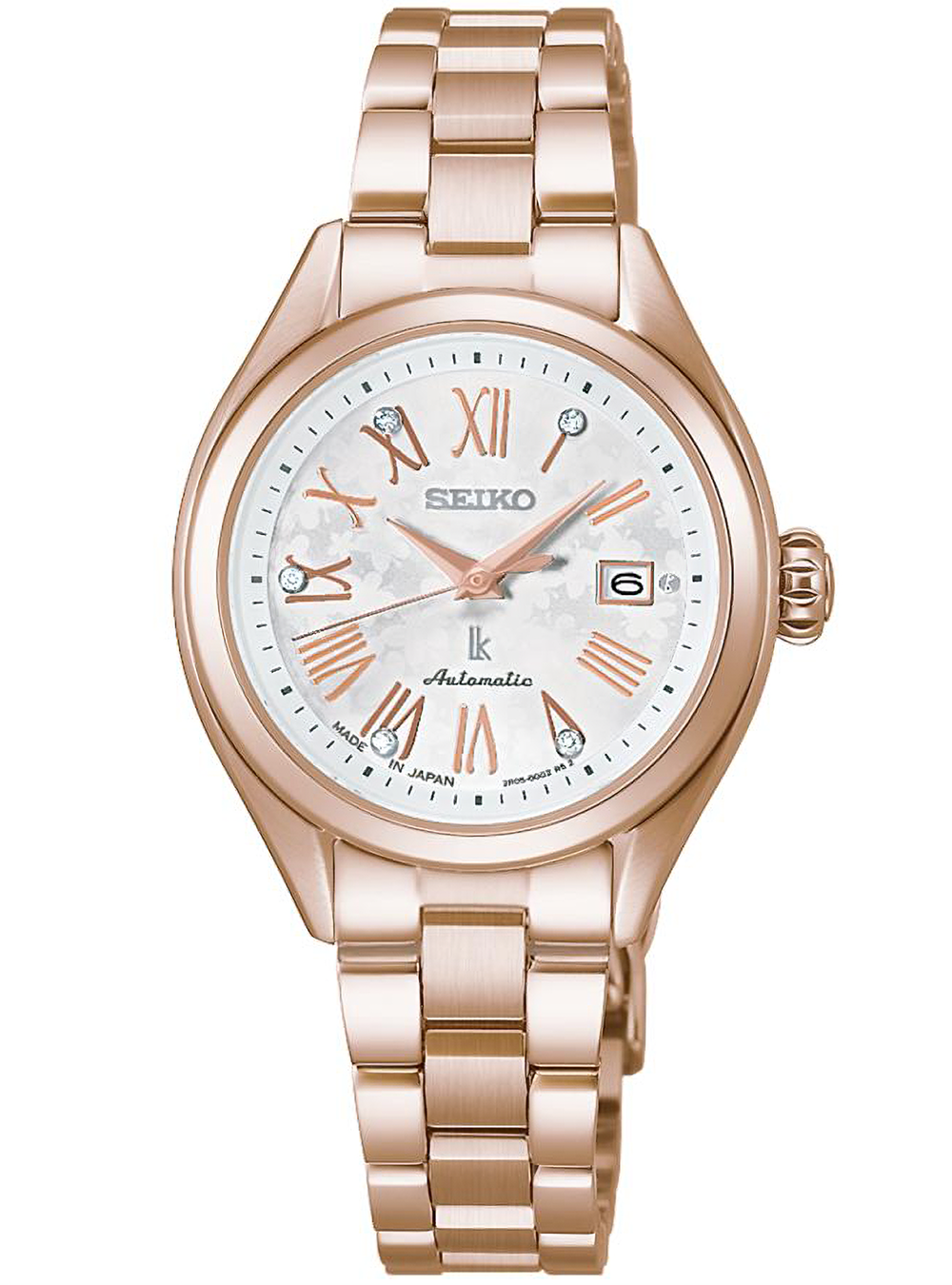 A Seiko women's analog watch with a rose gold metal case and link bracelet, featuring a white dial with Roman numeral hour markers and a date window.